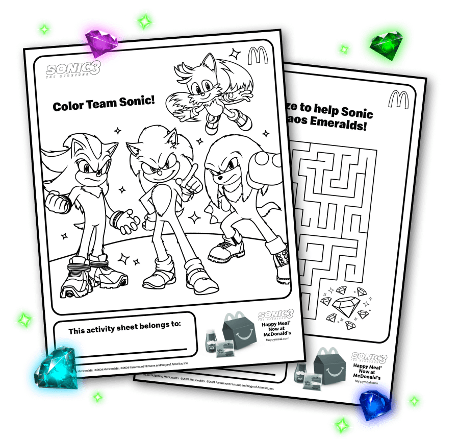 Color Team Sonic coloring sheet and a maze activity sheet