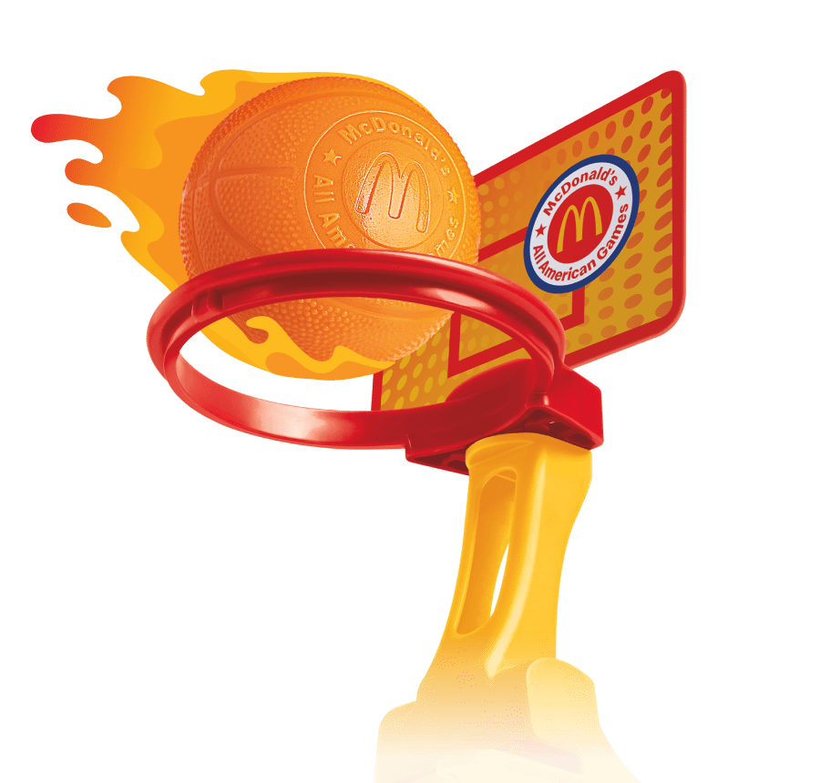 A McDonald’s All American Games basketball hoop with a basketball with flames scoring