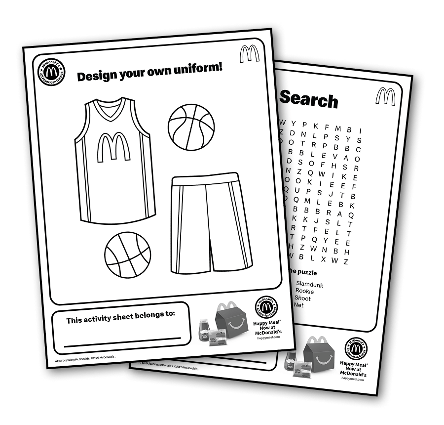 Design your own uniform, Coloring sheet (McDonald’s basketball jersey, shorts and two basketballs) and activity sheet (word search)