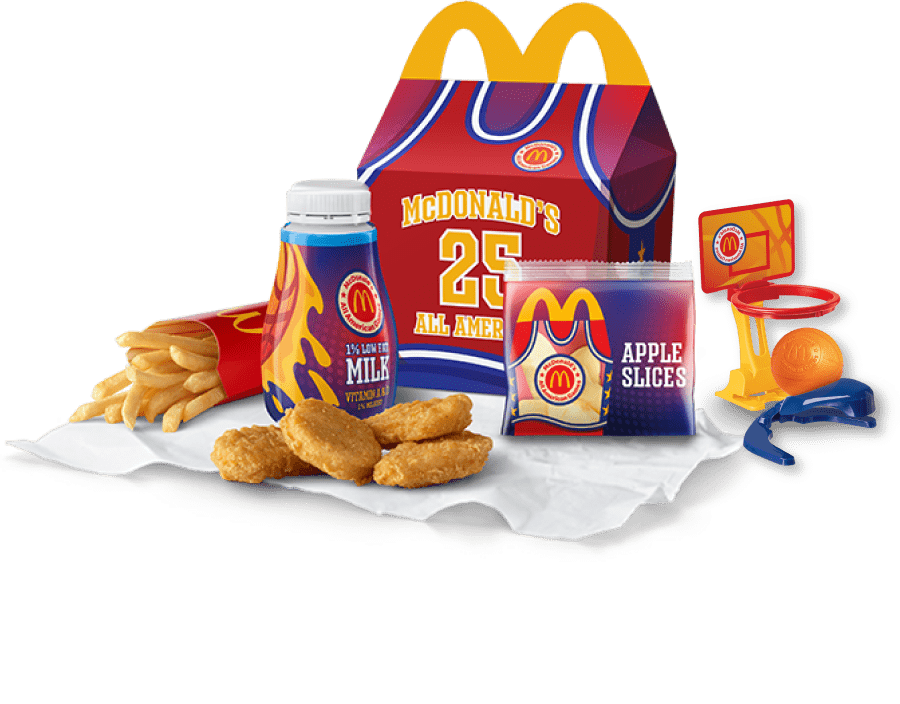 McDonald’s All American Games Happy Meal box with chicken nuggets, fries, apple slices, milk and basketball hoop toy